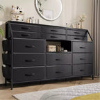 Commode de Chambre à Coucher avec 14 Tiroirs, Commode de 55" de Large avec Poche Latérale, Commode et Tiroirs en Tissu avec Étagères, Cadre Robuste, Plateau en Bois