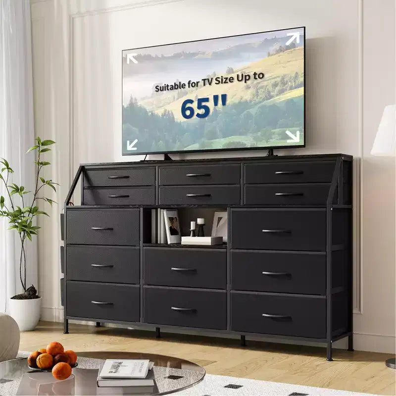 Commode de Chambre à Coucher avec 14 Tiroirs, Commode de 55" de Large avec Poche Latérale, Commode et Tiroirs en Tissu avec Étagères, Cadre Robuste, Plateau en Bois