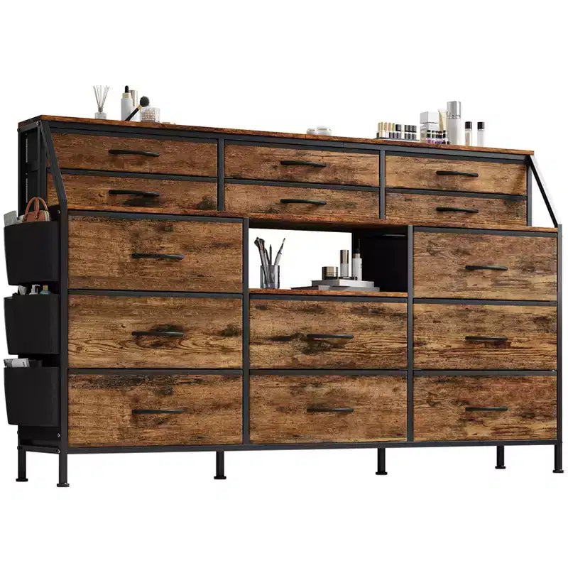 Commode de Chambre à Coucher avec 14 Tiroirs, Commode de 55" de Large avec Poche Latérale, Commode et Tiroirs en Tissu avec Étagères, Cadre Robuste, Plateau en Bois