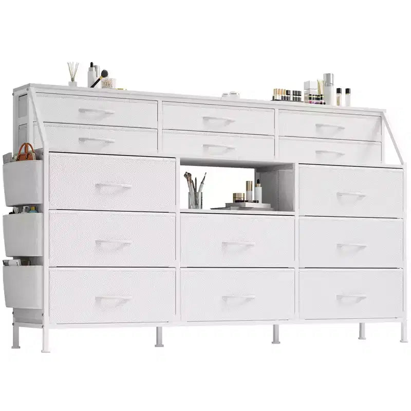 Commode de Chambre à Coucher avec 14 Tiroirs, Commode de 55" de Large avec Poche Latérale, Commode et Tiroirs en Tissu avec Étagères, Cadre Robuste, Plateau en Bois