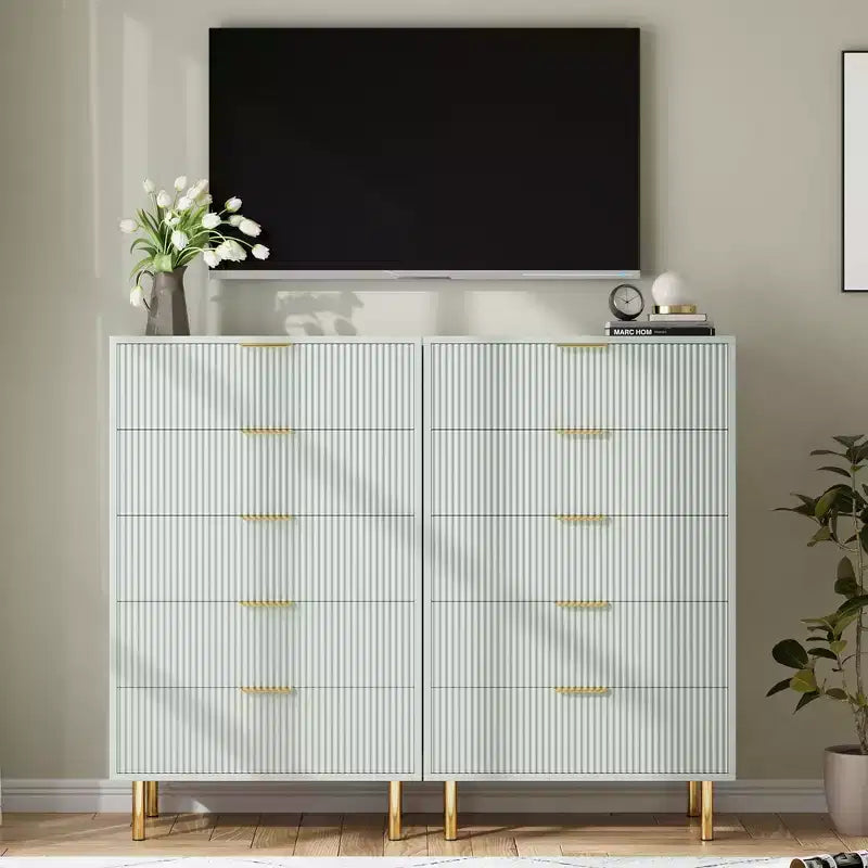 Commode verte TROPOW, Commode moderne à 5 tiroirs pour chambre à coucher avec poignée dorée et grand tiroir, Commode double en bois, Vert