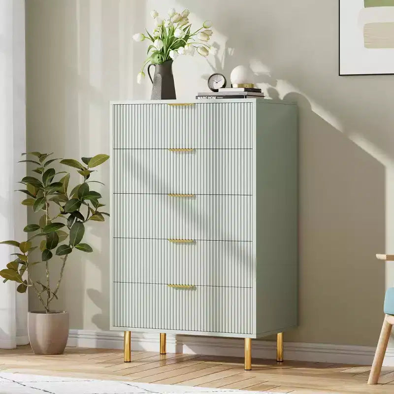 Commode verte TROPOW, Commode moderne à 5 tiroirs pour chambre à coucher avec poignée dorée et grand tiroir, Commode double en bois, Vert
