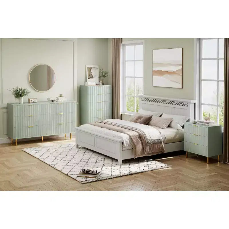 Commode verte TROPOW, Commode moderne à 5 tiroirs pour chambre à coucher avec poignée dorée et grand tiroir, Commode double en bois, Vert