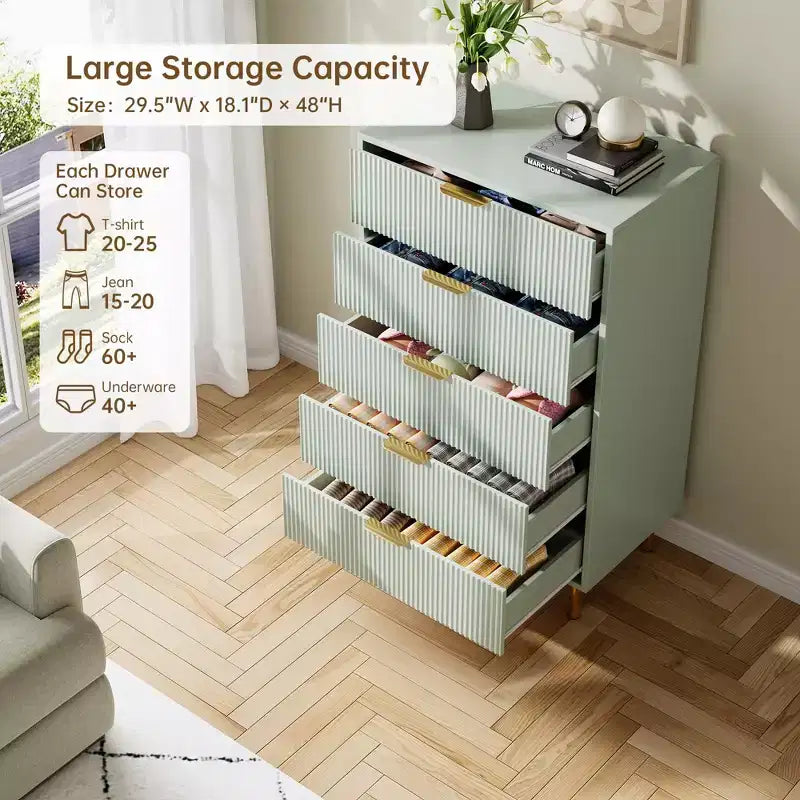 Commode verte TROPOW, Commode moderne à 5 tiroirs pour chambre à coucher avec poignée dorée et grand tiroir, Commode double en bois, Vert