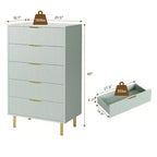 Commode verte TROPOW, Commode moderne à 5 tiroirs pour chambre à coucher avec poignée dorée et grand tiroir, Commode double en bois, Vert