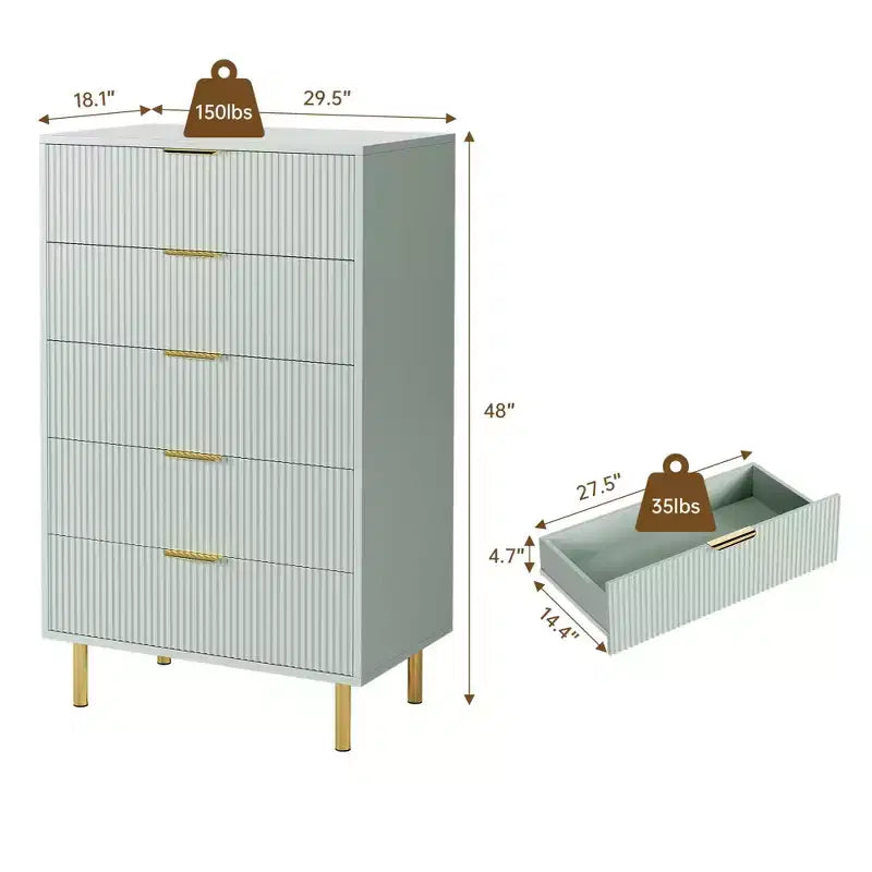 Commode verte TROPOW, Commode moderne à 5 tiroirs pour chambre à coucher avec poignée dorée et grand tiroir, Commode double en bois, Vert