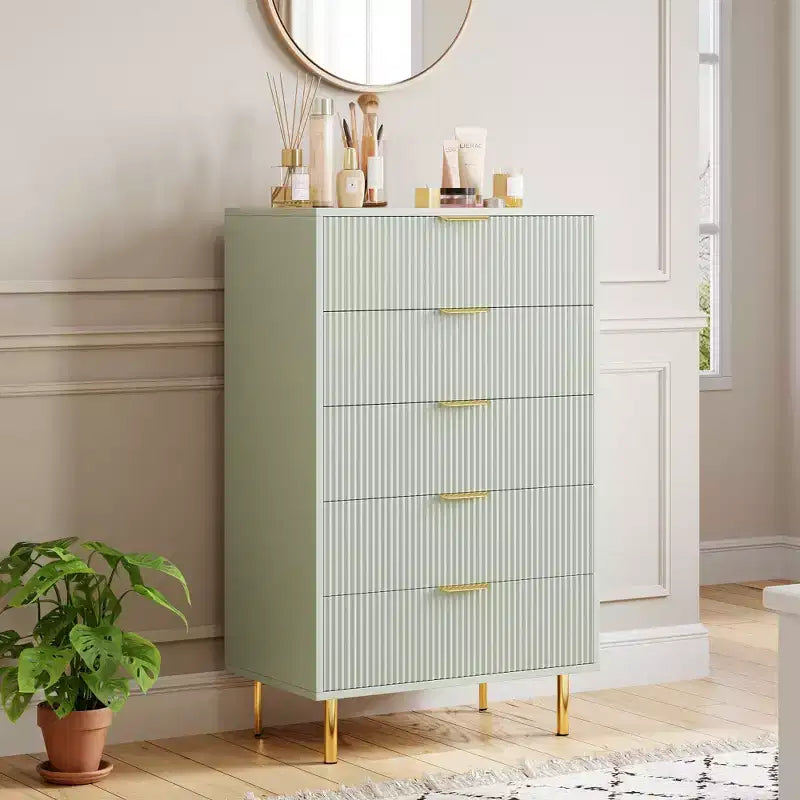 Commode verte TROPOW, Commode moderne à 5 tiroirs pour chambre à coucher avec poignée dorée et grand tiroir, Commode double en bois, Vert