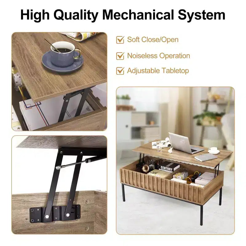 Table basse relevable, table basse moderne du milieu du siècle, table basse en bois de style rustique avec compartiment de rangement caché, table basse rustique