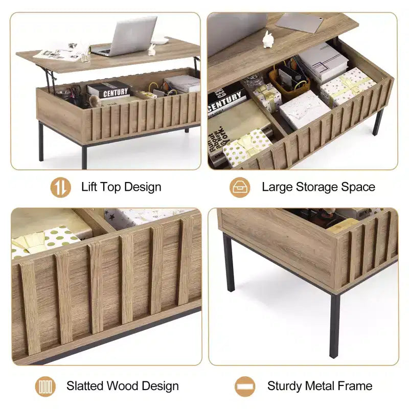 Table basse relevable, table basse moderne du milieu du siècle, table basse en bois de style rustique avec compartiment de rangement caché, table basse rustique