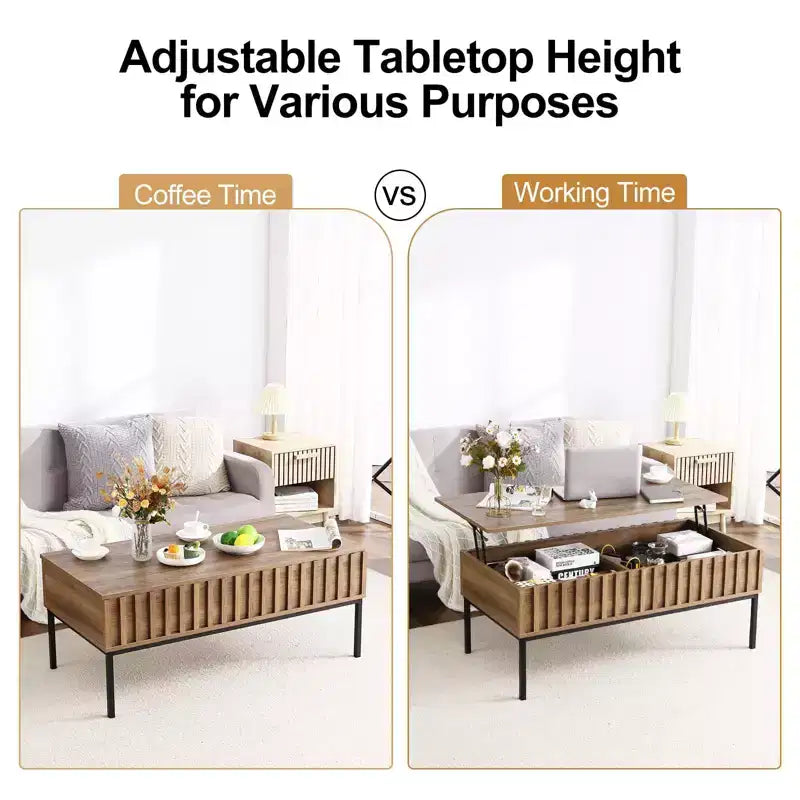 Table basse relevable, table basse moderne du milieu du siècle, table basse en bois de style rustique avec compartiment de rangement caché, table basse rustique