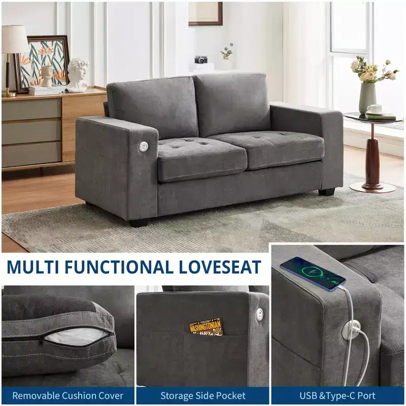 COZONY Canapé Nuage 70" Canapé en Chenille Style Mid-Century, Assise Profonde, Ports USB, Poches Latérales, Aucun Assemblage Requis