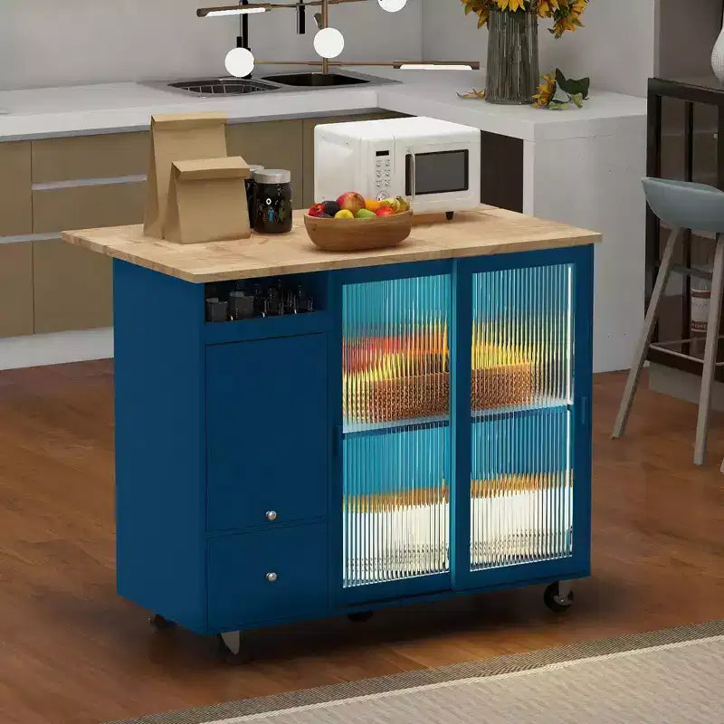 Desserte de cuisine roulante TROPOW avec éclairage LED, îlot de cuisine avec étagère réglable et 2 tiroirs de rangement, îlot sur roulettes