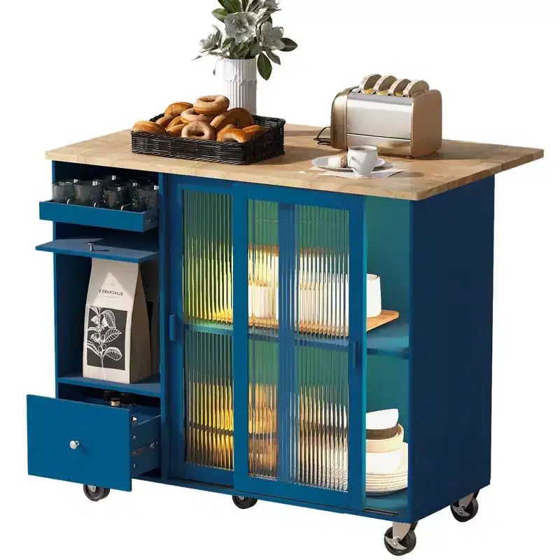 Desserte de cuisine roulante TROPOW avec éclairage LED, îlot de cuisine avec étagère réglable et 2 tiroirs de rangement, îlot sur roulettes