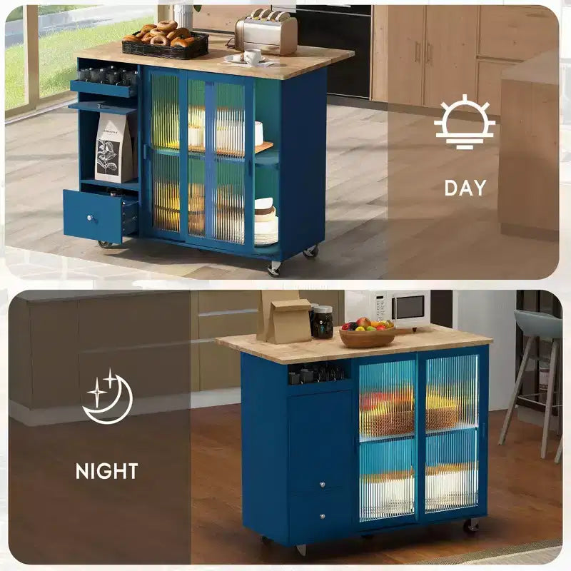 Desserte de cuisine roulante TROPOW avec éclairage LED, îlot de cuisine avec étagère réglable et 2 tiroirs de rangement, îlot sur roulettes