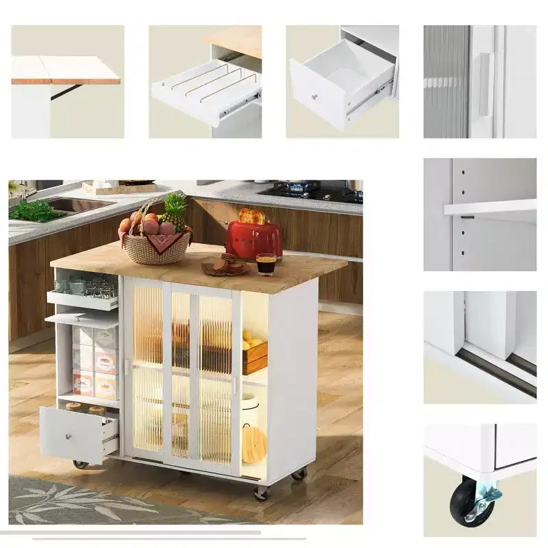 Desserte de cuisine roulante TROPOW avec éclairage LED, îlot de cuisine avec étagère réglable et 2 tiroirs de rangement, îlot sur roulettes