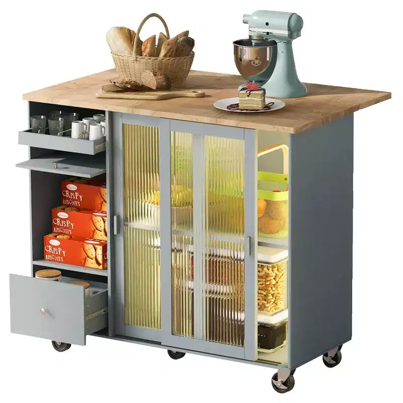 Desserte de cuisine roulante TROPOW avec éclairage LED, îlot de cuisine avec étagère réglable et 2 tiroirs de rangement, îlot sur roulettes