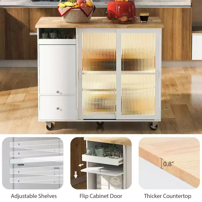 Desserte de cuisine roulante TROPOW avec éclairage LED, îlot de cuisine avec étagère réglable et 2 tiroirs de rangement, îlot sur roulettes