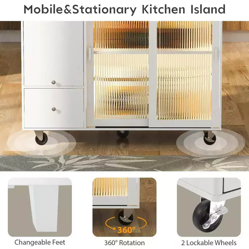 Desserte de cuisine roulante TROPOW avec éclairage LED, îlot de cuisine avec étagère réglable et 2 tiroirs de rangement, îlot sur roulettes
