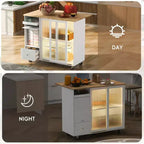 Desserte de cuisine roulante TROPOW avec éclairage LED, îlot de cuisine avec étagère réglable et 2 tiroirs de rangement, îlot sur roulettes