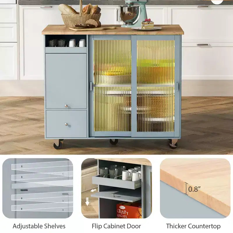 Desserte de cuisine roulante TROPOW avec éclairage LED, îlot de cuisine avec étagère réglable et 2 tiroirs de rangement, îlot sur roulettes