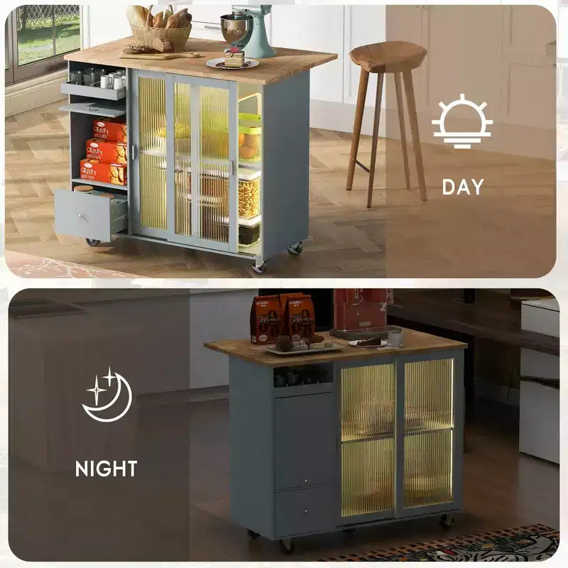 Desserte de cuisine roulante TROPOW avec éclairage LED, îlot de cuisine avec étagère réglable et 2 tiroirs de rangement, îlot sur roulettes