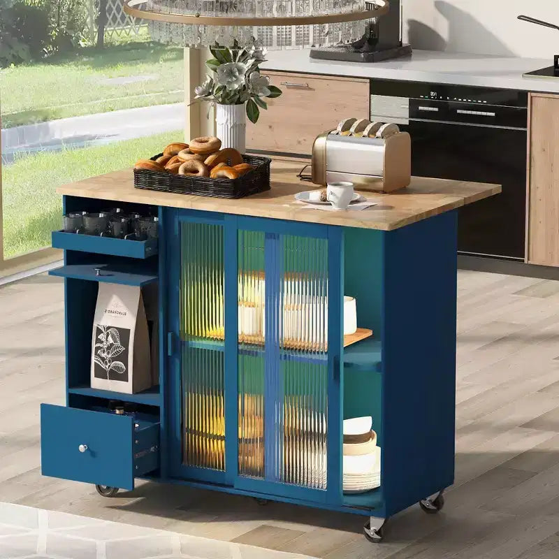 Desserte de cuisine roulante TROPOW avec éclairage LED, îlot de cuisine avec étagère réglable et 2 tiroirs de rangement, îlot sur roulettes