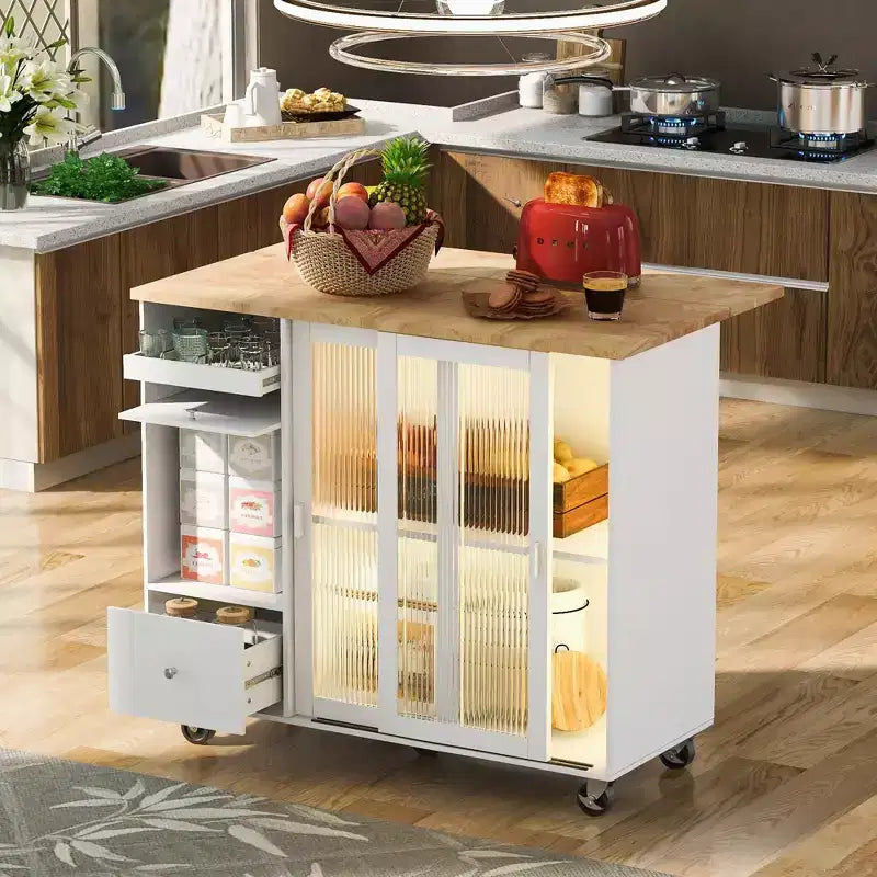 Desserte de cuisine roulante TROPOW avec éclairage LED, îlot de cuisine avec étagère réglable et 2 tiroirs de rangement, îlot sur roulettes