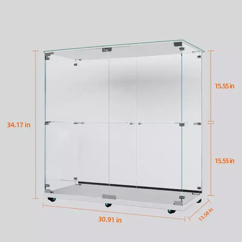 MAYEERTY Vitrine en verre trempé, armoire à vin, classeur, bande lumineuse Bluetooth, roulettes pivotantes verrouillables, salon, chambre, bureau, blanc