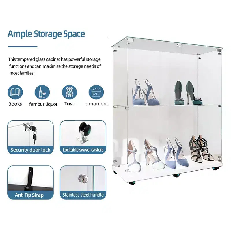 MAYEERTY Vitrine en verre trempé, armoire à vin, classeur, bande lumineuse Bluetooth, roulettes pivotantes verrouillables, salon, chambre, bureau, blanc