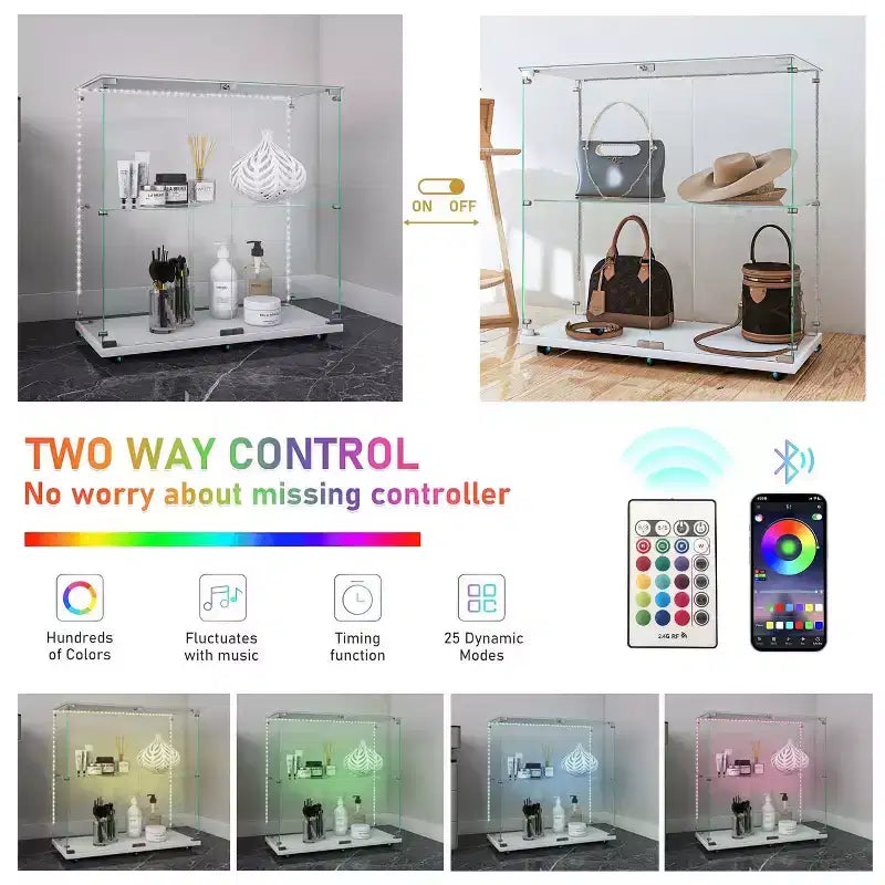 MAYEERTY Vitrine en verre trempé, armoire à vin, classeur, bande lumineuse Bluetooth, roulettes pivotantes verrouillables, salon, chambre, bureau, blanc