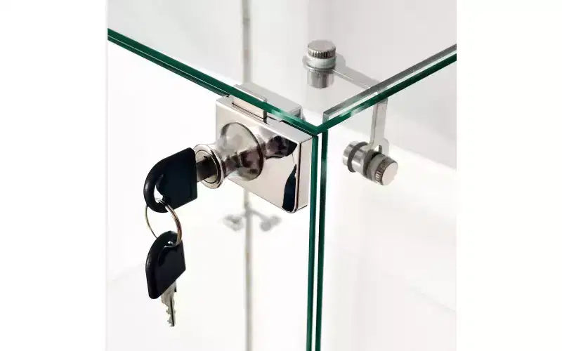 MAYEERTY Vitrine en verre trempé, armoire à vin, classeur, bande lumineuse Bluetooth, roulettes pivotantes verrouillables, salon, chambre, bureau, blanc