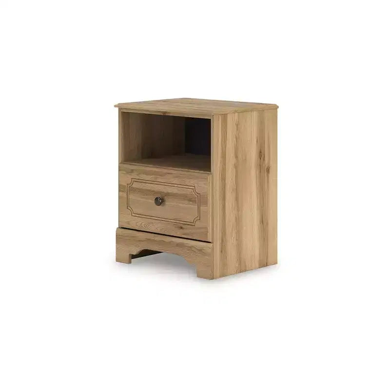 Signature Design by Ashley Bestmere Table de chevet à un tiroir – Finition grain de chêne brun chaud, chargement USB-A et USB-C, rangement à étagère ouverte