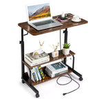 Rolling & Height Adjustable P2 15MM PB Wood& Steel Computer Desk Laptop Side Table End Table with with Charging Station, 2 USB Ports and Outlets-Brown