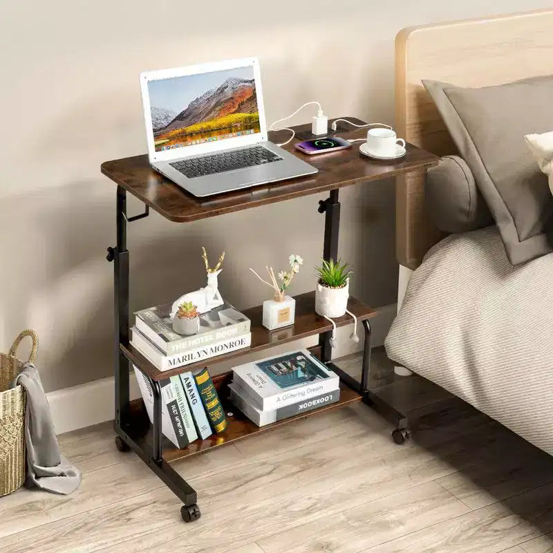 Table d'appoint à roulettes et réglable en hauteur, avec station de charge, 2 ports USB et prises, en bois PB 15MM P2 et acier - Marron