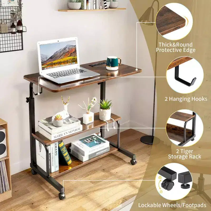 Table d'appoint à roulettes et réglable en hauteur, avec station de charge, 2 ports USB et prises, en bois PB 15MM P2 et acier - Marron