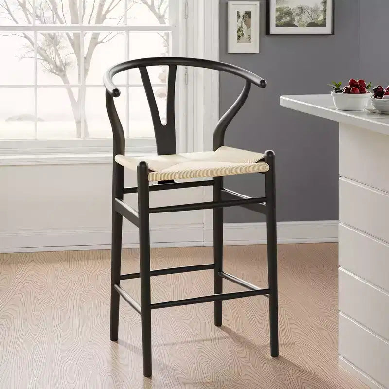MAYEERTY Tabouret de bar tissé Wishbone entièrement assemblé beige moderne et robuste pour îlot de cuisine
