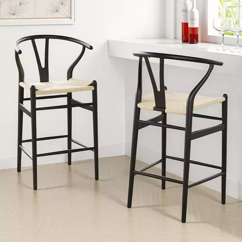 MAYEERTY Tabouret de bar tissé Wishbone entièrement assemblé beige moderne et robuste pour îlot de cuisine
