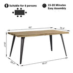 Homy Casa Table de salle à manger rectangulaire pour 6 personnes, 63 po, aspect bois moderne avec pieds en métal noir