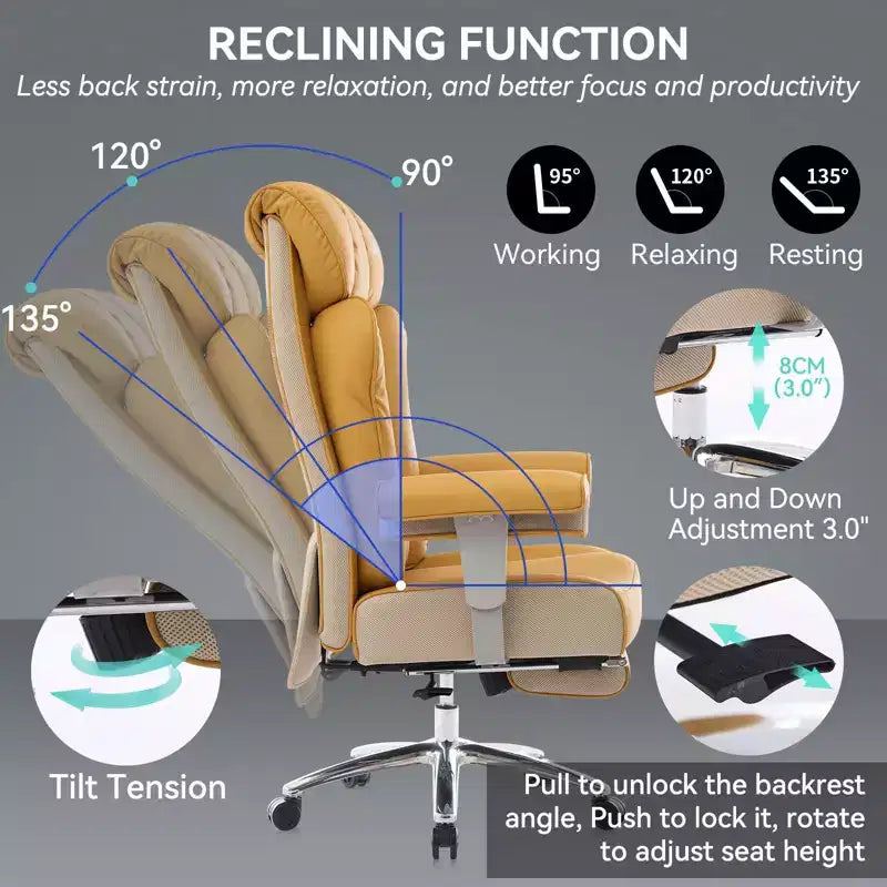 Fauteuil de bureau ergonomique Efomao 450 LBS avec repose-pieds, fauteuil de direction en cuir PU à dossier haut avec support lombaire et accoudoirs réglables