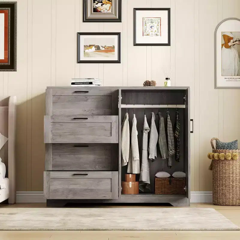 Commode en bois de 43,3 H avec placard de rangement, armoire de penderie avec 4 tiroirs et 2 portes