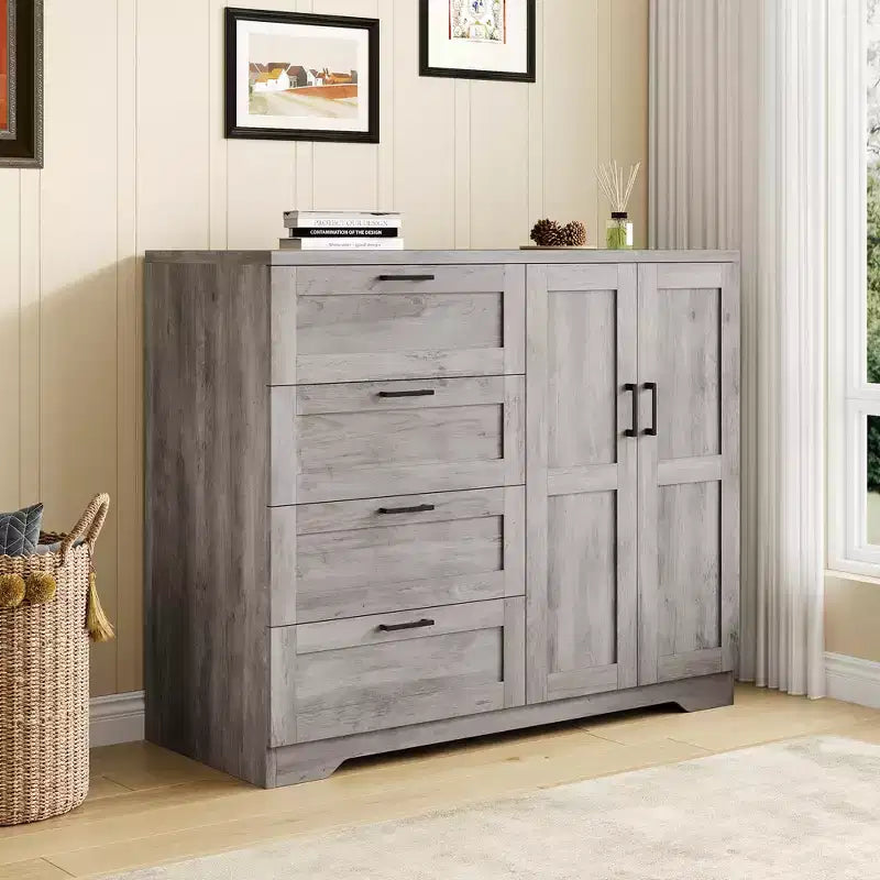 Commode en bois de 43,3 H avec placard de rangement, armoire de penderie avec 4 tiroirs et 2 portes