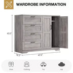 Commode en bois de 43,3 H avec placard de rangement, armoire de penderie avec 4 tiroirs et 2 portes