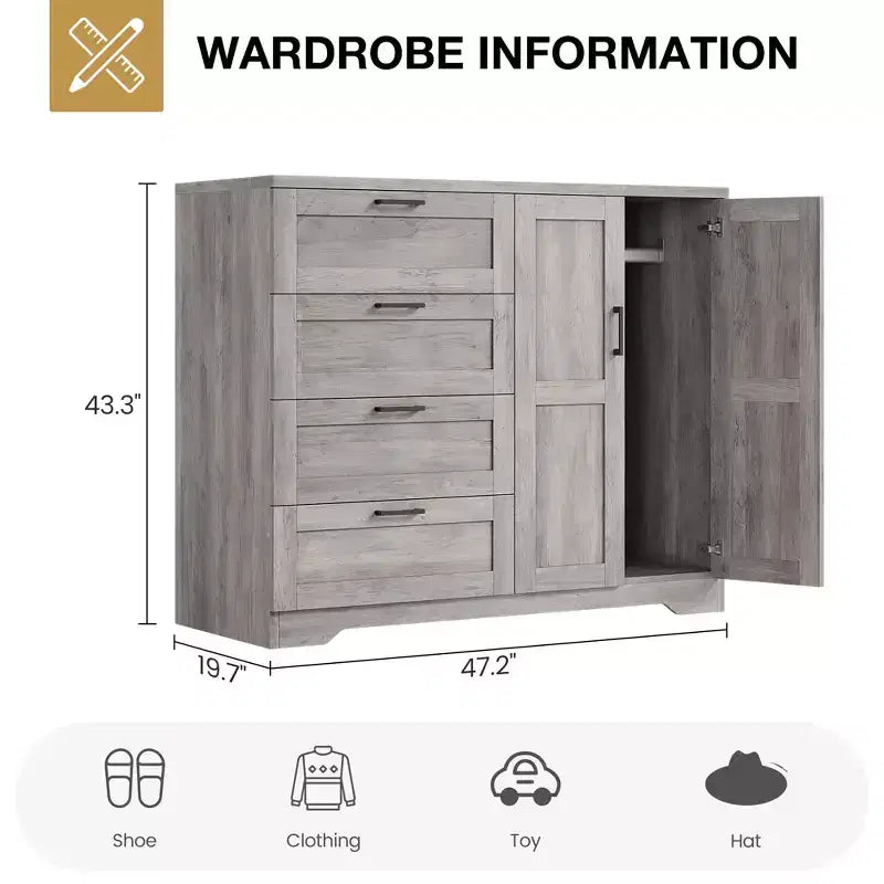 Commode en bois de 43,3 H avec placard de rangement, armoire de penderie avec 4 tiroirs et 2 portes