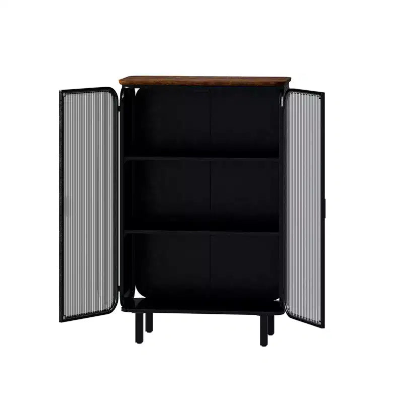 Meuble moderne à deux portes vitrées avec rangement à trois niveaux, dessus de meuble unique en sapin de 72 cm pour entrée maison noir