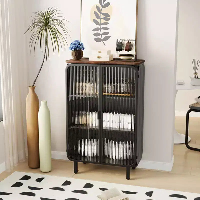 Meuble moderne à deux portes vitrées avec rangement à trois niveaux, dessus de meuble unique en sapin de 72 cm pour entrée maison noir