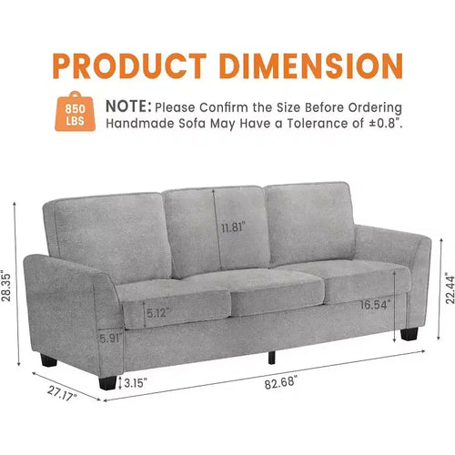 Canapé 3 places surdimensionné moderne en chenille de 211 cm, causeuse profonde et confortable, canapé douillet lavable pour la maison, le bureau ou l'appartement