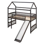 Lit mezzanine double cabane avec toboggan, structure de lit mezzanine en bois avec échelle et toit