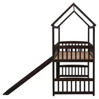 Lit mezzanine double cabane avec toboggan, structure de lit mezzanine en bois avec échelle et toit
