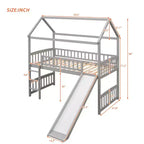 Lit mezzanine double cabane avec toboggan, structure de lit mezzanine en bois avec échelle et toit