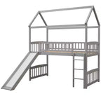Lit mezzanine double cabane avec toboggan, structure de lit mezzanine en bois avec échelle et toit